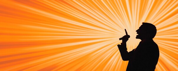 Silhouette of Speaker with Microphone on Orange Radial Burst Backdrop, Speech , Presentation