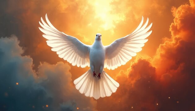 Soaring dove in fiery sky. Abstract art holy spirit concept. White dove, wings spread. Dynamic composition of flames, clouds. Spiritual, religious, freedom, peace. Concept of hope, faith in difficult