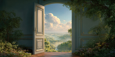 An open door reveals a breathtaking view of a lush landscape under a vibrant sky filled with fluffy clouds.
