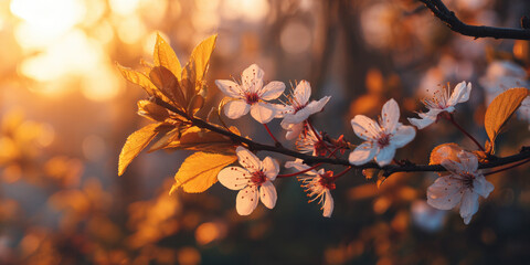 Sunlit cherry blossoms on a branch with golden leaves during a soft, warm sunset.