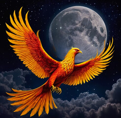 Fiery phoenix just born from ashes, magical charismatic aura, mystery forest background, fantasy illustration wallpaper 