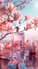 Pink colored parfum bottle mockup with reflection on water surface and blooming magnolia flowers above, concept of fresh floral fragrance