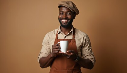 Happy african american barista holds coffee cup on brown background. Smiling cheerful employee in uniform, wearing apron, hat. Beverage drink, coffee shop service. Joyful worker shows confidence,