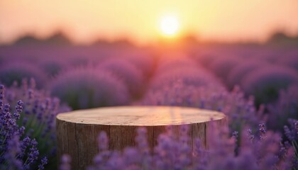 Wooden podium stage at lavender field sunset. Platform for product display. Nature beauty concept, aromatherapy, relaxation, skincare advertising backdrop with natural light. Provence landscape