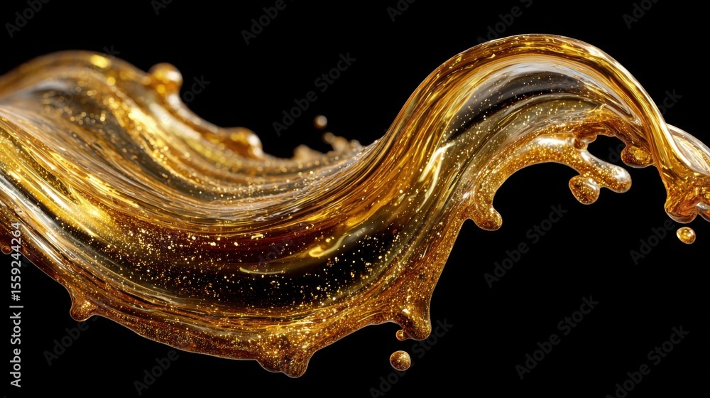 Poster a golden liquid swirls elegantly, creating dynamic waves with a glossy finish. sparkles and reflecti
