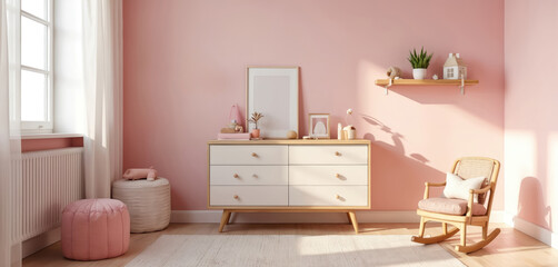 Pink baby room interior with modern furniture. Wooden dresser, toy chair, shelf with decor, window, curtains. Nursery design with soft colors. Cozy home decor, room for girl, calm atmosphere. Stylish