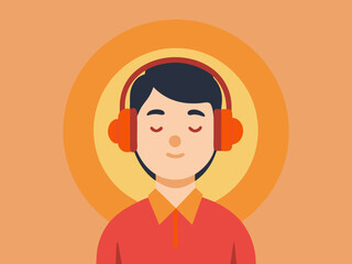 Minimalistic flat illustration of calm man with headphones and eyes closed on soft background