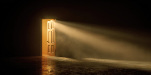 A partially open door emits warm light, casting a visible beam into a dark, empty room with a wooden floor.