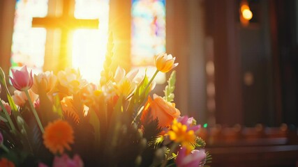 A colorful bouquet of flowers in a church with a sunlit cross in the background. Easter celebration and faith concept. Footage for a religious spring holiday greeting or a memorial video