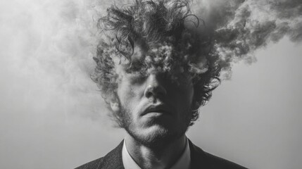 Obraz premium A man stands with a serious expression as swirling smoke envelops his head, symbolizing abstract thoughts or creativity. The contrast of black and white enhances the intensity of the moment.
