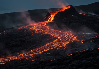 A breathtaking nocturnal shot captures molten lava vigorously flowing down the dark, rugged slopes of a volcano. The incandescent orange and red rivers of lava glow intensely against the cool, dark vo