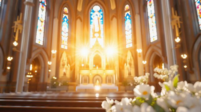 White flowers in a church with a bright, sunlit altar and stained glass windows. Religious ceremony and faith concept. footage for a wedding film, easter service or holiday greeting