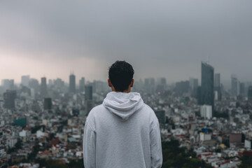 minimalist of person standing against urban sprawl in mexico under dramatic storm clouds