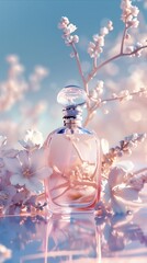 Glass perfume bottle mockup with flowers. Fragrance product promotion with blossom around. Floral aroma concept for beauty and cosmetic.