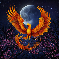 Fiery phoenix just born from ashes, magical charismatic aura, mystery forest background, fantasy illustration wallpaper 