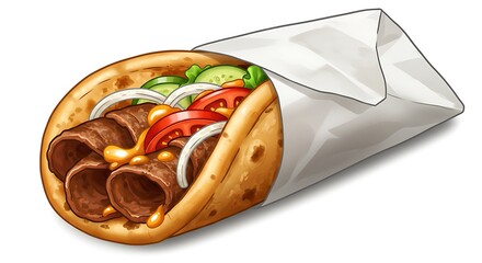 Cartoon paper wrap holding a fresh gyro sandwich with visible meat, tomatoes, onions, and sauce, highly detailed, vibrant colors, white background.

