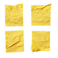 Four crumpled yellow paper notes isolated on transparent background
