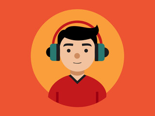 Bright orange headphones on man in red shirt in flat digital minimal style