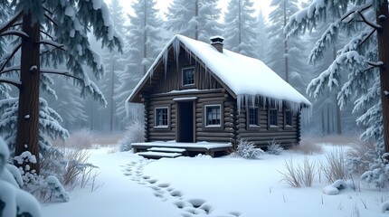  an abandoned wooden cabin in a snowy forest, snow-covered trees surrounding it, icicles hanging from the rooftop, soft footprints leading to the entrance, serene winter atmosphere in high resolution 