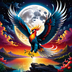 Fiery phoenix just born from ashes, magical charismatic aura, mystery forest background, fantasy illustration wallpaper 