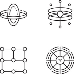 A collection of four abstract line art icons featuring geometric and circular designs on white