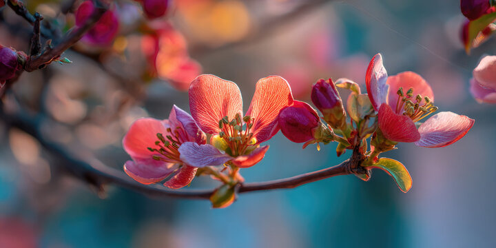 Close-up of vibrant pink and red flowers blooming on a branch with a soft, colorful background.