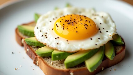 Delicious avocado toast topped with a perfectly fried egg and black pepper