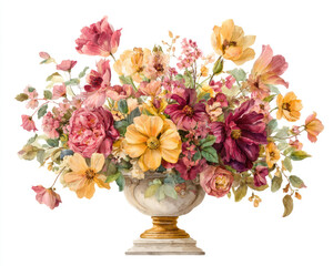 Elegant watercolor bouquet of assorted flowers in a classic ornate vase, featuring warm pink, yellow, and red tones on a white background.