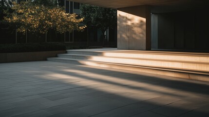 Obraz premium Serene urban courtyard with golden light and minimalist architecture in the late afternoon