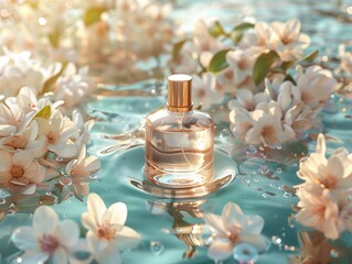 Elegant glass perfume bottle mockup in clear water with gentle flowers and sunlight on surface. Fresh aromatic scent. Product background for natural beauty.