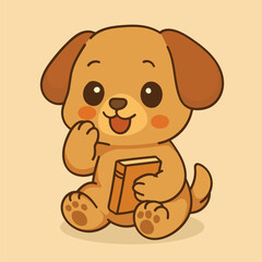 Kawaii Cartoon Puppy Holding Book While Sitting. Hand drawn vector illustration