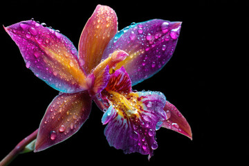 A vibrant purple and orange orchid covered in glistening water droplets against a black background.