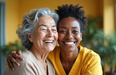Black nurse embraces elderly woman, both smiling. Senior care, World Health Day concept. Diverse women, healthcare provider, joy, positive emotions. Healthcare staff together, friendship, happiness,