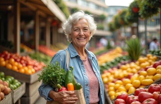 Happy senior woman buys fresh fruits vegetables market. Smiling elderly shopper with bag of produce at farmers market. Healthy food, eco bio lifestyle concept. Aged customer purchases organic