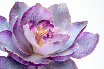 A close-up of a delicate purple and white flower with textured petals, showcasing intricate details and soft gradient colors on a white background.