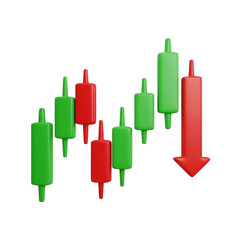 Colorful candlestick chart with red downward arrow on transparent background