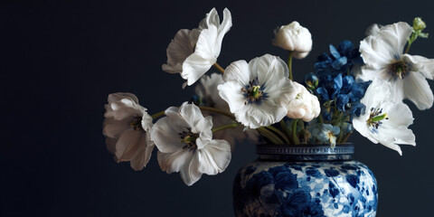 Elegant white flowers arranged in a blue and white ceramic vase against a dark background, creating a classic and sophisticated still-life composition.