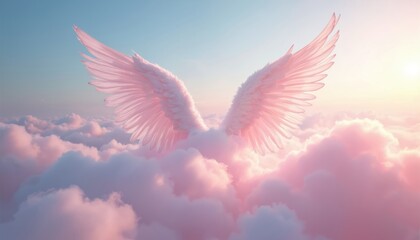 Ethereal angel wings rise above fluffy pink clouds in tranquil sky. Pastel colors at sunrise. Soft dawn, dreamlike vision, creating atmosphere of hope, serenity and beauty.