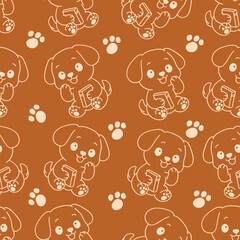 Kawaii Dog seamless pattern with paw brown outline illustration
