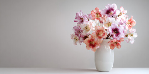 A delicate bouquet of pink and white flowers with intricate patterns, arranged in a simple white vase against a soft gray background.