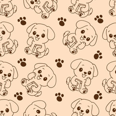 Kawaii Dog seamless pattern with paw brown outline