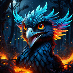 Fiery phoenix just born from ashes, magical charismatic aura, mystery forest background, illustration wallpaper 