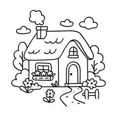 Cottage Wooden House Coloring Page Illustration