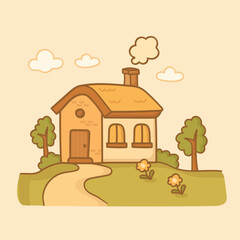Cozy Cottage Wooden House with Flowers and Trees Illustration