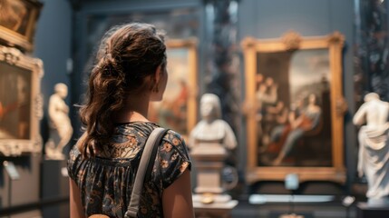 Exploring art treasures at a historical museum through an enchanting visitor's gaze