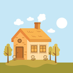 Cottage House with Flowers and Grass Illustration