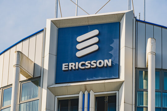 Ericsson Swedish multinational networking and telecommunications company's logo and lettering outside the headquarters in Dusseldorf