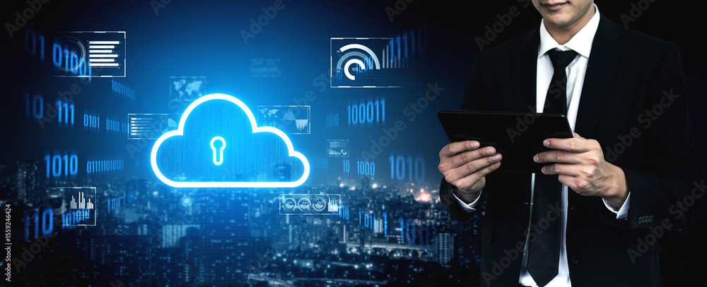 Poster cloud computing enables digital growth with secure data storage, scalable infrastructure, and strate