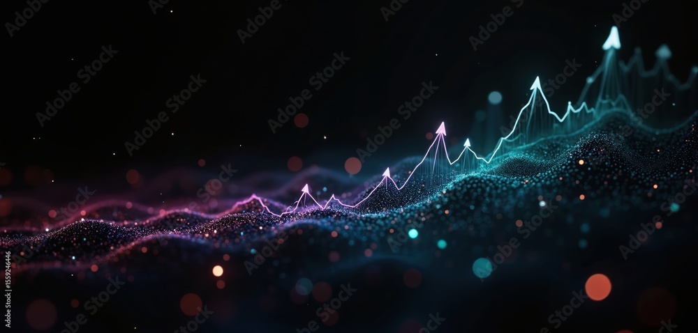 Poster Futuristic HUD graphic with particle lines, high tech illustration. Network concept in cyberspace. Modern digital technology innovation with data visualization. Business chart with arrows.