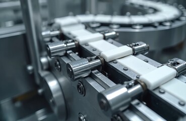 Naklejka premium Close-up of industrial conveyor equipment, stainless steel production elements. Metal parts with chains in plant, system. Manufacturing engineering technology, pipeline for liquid, gas. Modern